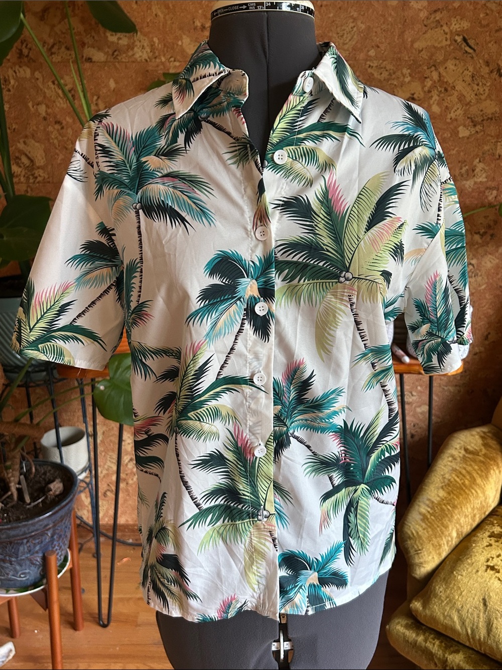 Short-Sleeve Palm Print Shirt - White with Green Palm